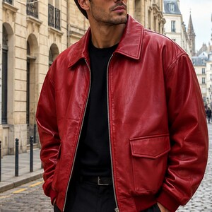 Men’s Red Genuine Leather Bomber Jacket, Oversized Loose Fit Real Leather Jacket with Structured Collar, Streetwear Coat Gift for Him