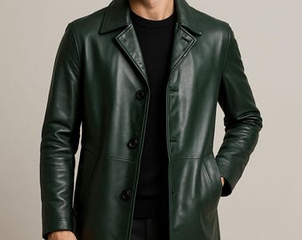 Men's Green Sheep Leather Trench Coat | Handmade Winter Outerwear