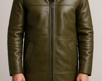 Abrigo de piel de oveja verde militar para hombre / Chaqueta de invierno con forro de piel sintética