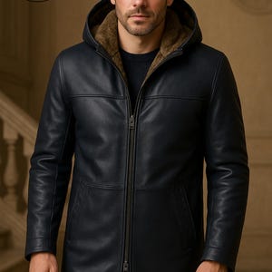May include: A navy blue leather coat with a hood and a brown fur lining. The coat has a zipper closure and two front pockets. The Planio Leather logo is visible in the upper left corner. The coat is a long style.