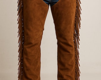 Handmade Suede Leather Cowboy Chaps with Fringe, Rodeo Riding Gear