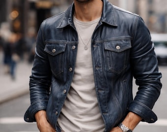 Chaqueta de camionero de piel de oveja azul marino para hombre: abrigo suave para todas las estaciones