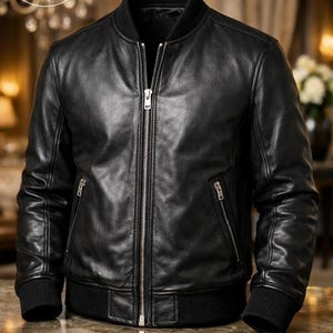 Schwarze Herren-Bomberjacke aus Echtleder, Reißverschluss, schmal geschnittene Bikerjacke, hochwertiger Echtledermantel, stylische Winterjacke Bild 5