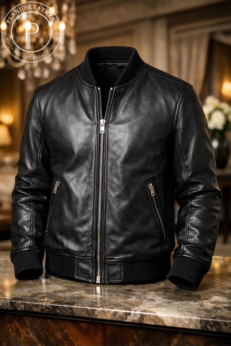 Schwarze Herren-Bomberjacke aus Echtleder, Reißverschluss, schmal geschnittene Bikerjacke, hochwertiger Echtledermantel, stylische Winterjacke Bild 5