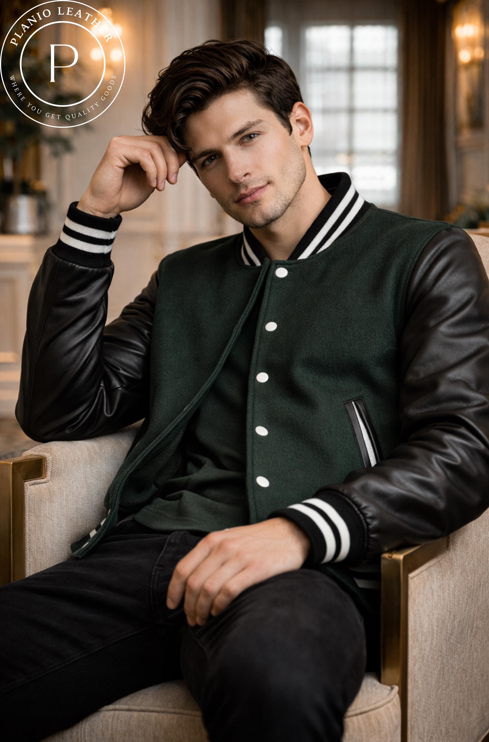 Men's Green Varsity Jacket | Black Leather Sleeve Bomber, College