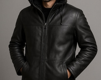 Herren Echtleder Wintermantel mit Kunstpelzkapuze - Hochwertige Lederjacke mit Kapuze - Warme, mit Lammfell gefütterte Oberbekleidung - Individuell anpassbar