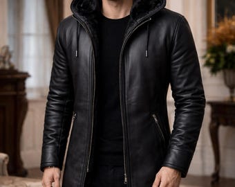 Schwarzer Herren-Wintermantel aus echtem Leder mit Kapuze, knielang | Winterjacke mit Kunstfellfutter | Hochwertige Verarbeitung mit Reißverschluss
