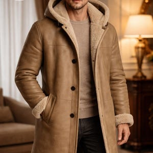 Men Beige Real Leather Hooded Long Coat Faux Fur Lined Shearling Winter Jacket Premium Button Closure Overcoat