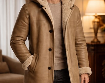 Men Beige Real Leather Hooded Long Coat Faux Fur Lined Faux Shearling Winter Jacket Premium Button Closure Overcoat