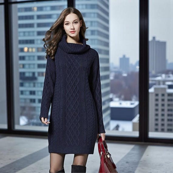 Cozy Cable Knit Sweater Dress With Cowl Neck - Etsy Australia