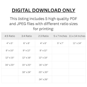 以下が含まれることがあります： デジタルダウンロード情報。画像は、4:5、3:4、2:3の比率、5x7インチ、11x14インチの印刷サイズをインチで示した表です。テキストには、リストに5つのPDFファイルとJPEGファイルが含まれていると記載されています。