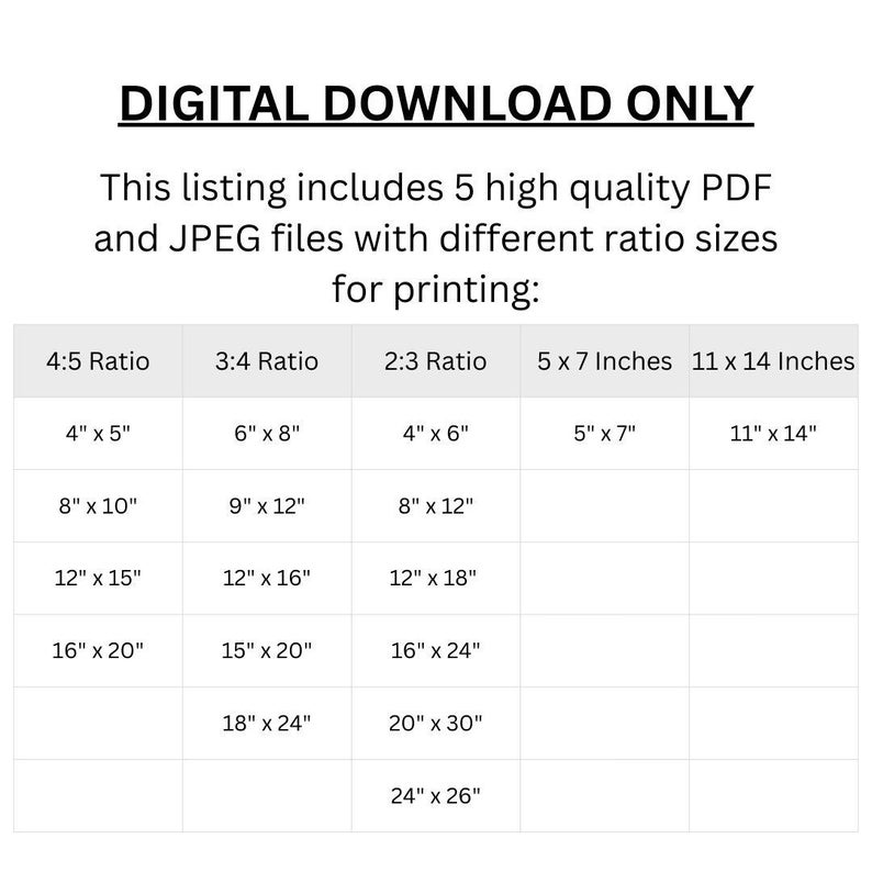 以下が含まれることがあります： デジタルダウンロード情報。画像は、4:5、3:4、2:3の比率、5x7インチ、11x14インチの印刷サイズをインチで示した表です。テキストには、リストに5つのPDFファイルとJPEGファイルが含まれていると記載されています。
