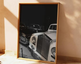 絵画  アートポスター  クラシックカー  ロールスロイス ロールスロイスポスターデジタルダウンロード、白黒高級車ウォール