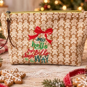 Christmas Zipper Pouch, Jingle Bells Front Embroidery, Quilted String Light Pattern Back