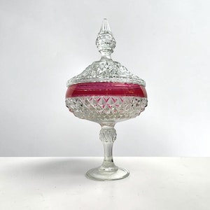 Vintage Indiana Glass Ruby Flash Diamond Point Pedestal Candy Dish with Lid
