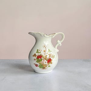 Vintage Porcelain Strawberry Pitcher with Gold Trim, Small Mid-Century Serving Jug, Farmhouse Kitchen Decor