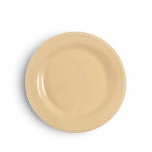 May include: A round, light beige ceramic plate featuring a smooth, flat center and a raised, textured rim decorated with a continuous pattern of small, evenly spaced beads along the entire outer edge of the dinnerware piece.