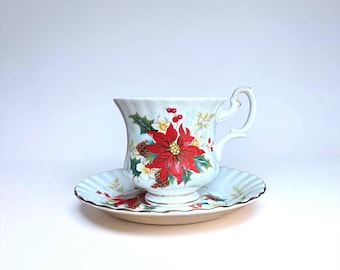 Vintage Royal Albert Poinsettia Teacup and Saucer Set, Fine Bone China Yuletide Christmas