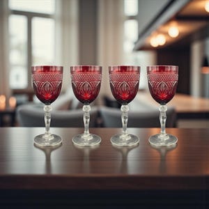 4 Vintage Luminarc Cristal d’Arques Durand Ruby Red Wine Goblet: Crystal Ball Stem Barware