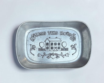 Vintage Wilton Armetale Pewter “Bless This House” Bread Tray, Farmhouse Kitchen Decor