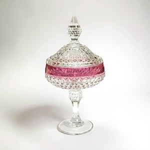 Vintage Indiana Glass Diamond Point Ruby Candy Dish Pedestal Lidded Compote Bowl