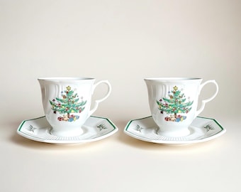 Vintage Nikko Christmastime Cups and Saucers Set of 2 Holiday Tea Coffee Cups