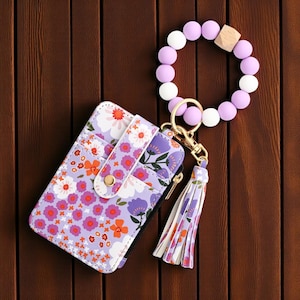 Boho Floral Wristlet Wallet: Beaded Keychain Card Holder