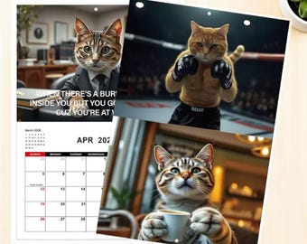 May include: A calendar featuring three images of cats in various scenarios. One cat is dressed in a suit, another is boxing, and the third is holding a coffee cup. The calendar displays the month of April 2026.