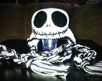 Crocheted Jack Skellington Beanie with earflaps & braided ties