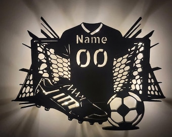 Lámpara de pared, letrero o soporte personalizado de fútbol | Luz nocturna con nombre y número | ¡Camiseta, bota de fútbol, balón y portería, todo en uno!