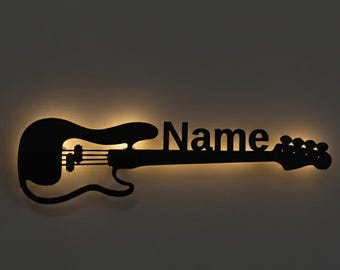 Personalized bass guitar wall lamp, sign or display stand with name for female bass guitar players - gift for musicians