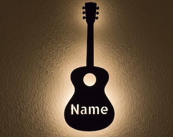 Personalized acoustic guitar wall lamp, sign or display stand with desired name, perfect gift idea for guitarists.