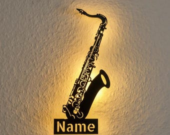 Personalized tenor saxophone wall lamp, sign or display with name – gift for saxophonists, students & music teachers