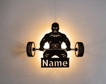 Personalized bodybuilder wall lamp, wall display or table display with your desired name; gym decor, weightlifting and fitness motif