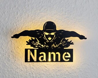 Swimmer wall lamp, sign or display personalized with name; The perfect gift for swimmers and swimming clubs.