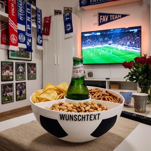 Può includere: Una ciotola per snack bianca e nera a forma di pallone da calcio con tre sezioni divise contenenti patatine, pretzel e arachidi. Una bottiglia di vetro verde di birra Peroni 0.0 si trova al centro. La ciotola presenta il testo WUNSCHTEXT.