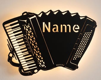 Personalized accordion wall lamp, sign or display stand with desired name, perfect gift for accordion musicians.