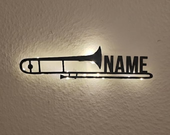 Trombone night light, sign or stand personalized with name, perfect gift for trombonists and brass players.