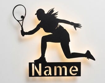 Personalized tennis player wall lamp, sign or display stand with name | Perfect gift idea for female tennis players and fans