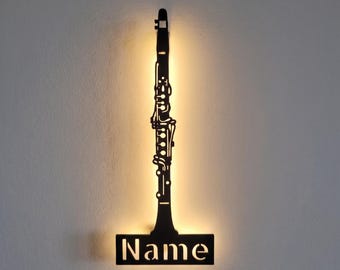 Personalized clarinet wall lamp, sign, or display stand with a name; the perfect gift for musicians, clarinetists, and clarinetists.