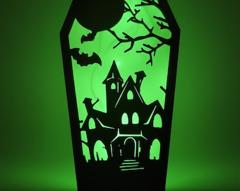 Halloween coffin lantern, LED light chain included, spooky Halloween decoration table, personalized motif, haunted house, witch, Halloween party