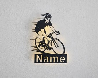 Lámpara de pared, letrero o soporte de exhibición personalizado con nombre para bicicleta: el regalo perfecto para ciclistas, ciclistas de competición y aficionados.