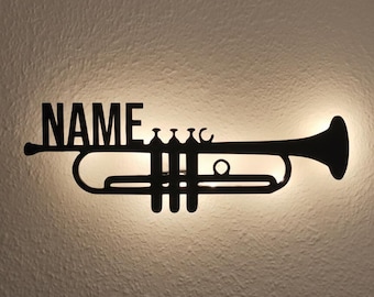 Gepersonaliseerde wandlamp in de vorm van een trompet – Decoratieve trompetlamp – Cadeau voor muzikanten met aangepaste tekst – Trompettist & trompettist (vrouw) met aangepaste naam