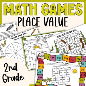 May include: A collection of educational math games for 2nd grade, featuring place value concepts. The image displays various worksheets with titles like "Place Value Spinner Game" and "Place Value Bingo," designed to teach number recognition and operations.