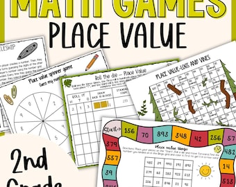 May include: Educational resources for 2nd grade maths, focusing on place value. The image shows several worksheets with titles such as "Place Value Spinner Game" and "Place Value Bingo", designed to teach number recognition and operations.