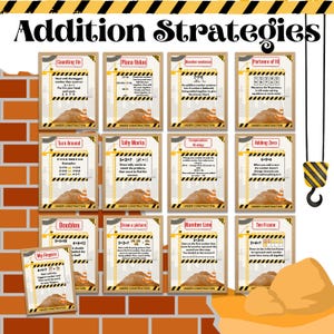 May include: Educational flashcards for addition strategies, featuring titles like "Counting On" and "Place Value." Each card has a construction theme with illustrations and examples. The set includes a crane graphic and a brick wall background.