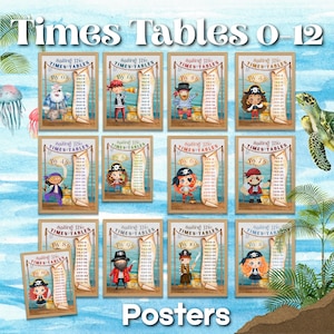 May include: A collection of educational posters featuring pirate-themed illustrations for times tables 0-12. Each poster displays a different times table, with colorful pirate characters and decorative scroll backgrounds. The word "Posters" is at the bottom.