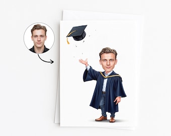 May include: A graduation-themed greeting card featuring a cartoon illustration of a graduate in a navy blue gown and mortarboard. The graduate is tossing the cap in the air. A photo of a man is in the upper left corner.