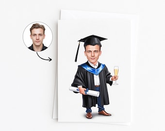 May include: A graduation card featuring a cartoon illustration of a graduate in a black cap and gown, holding a diploma and a champagne flute. The graduate is wearing a blue stole. A small portrait is in the upper left corner.