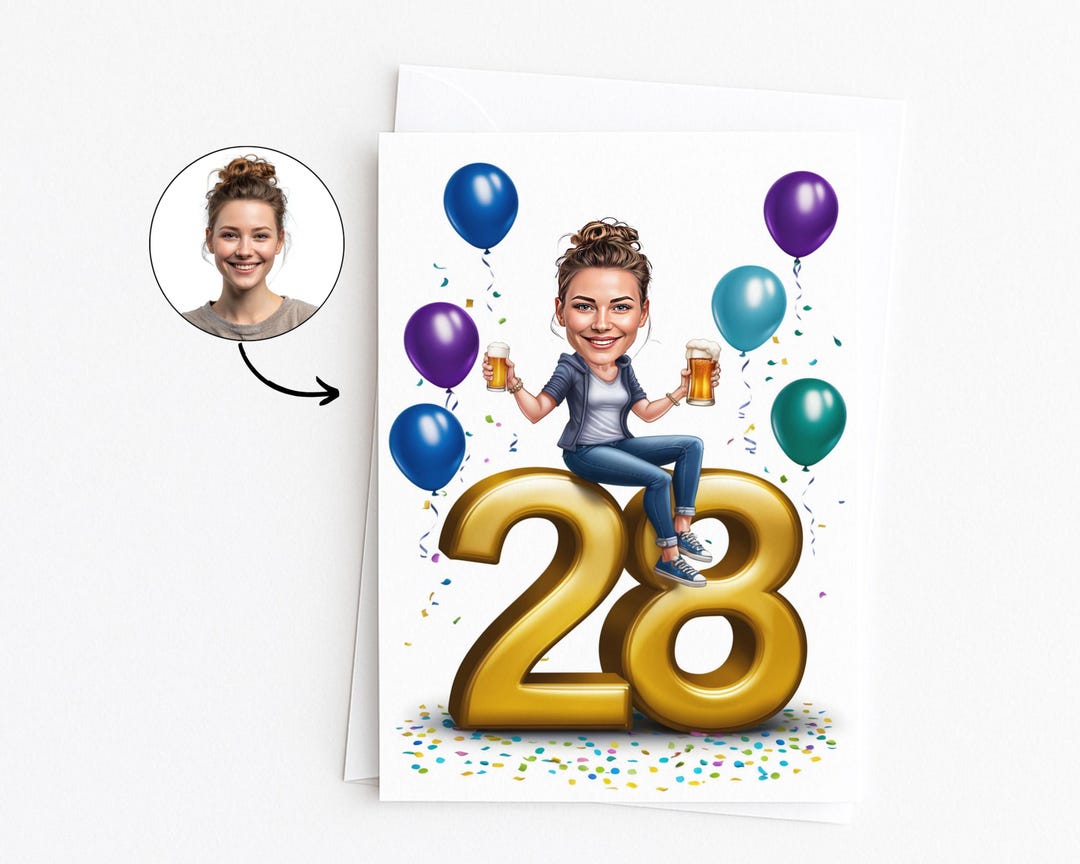 Custom Greeting Card for 28th Birthday, 28th Anniversary, Caricature ...